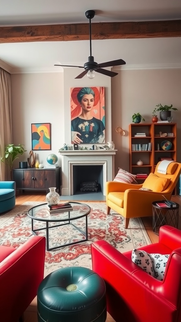 A colorful living room featuring eclectic furniture including red and blue chairs, a yellow armchair, and a glass coffee table, with vibrant wall art and wooden accents.