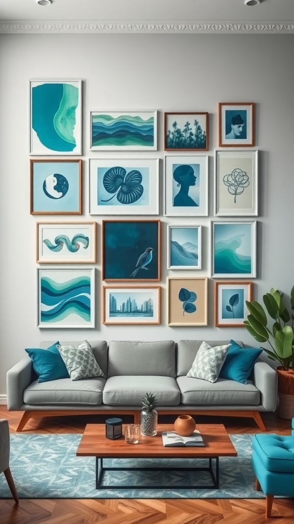 Eclectic gallery wall with blue and green artwork above a gray sofa in a living room