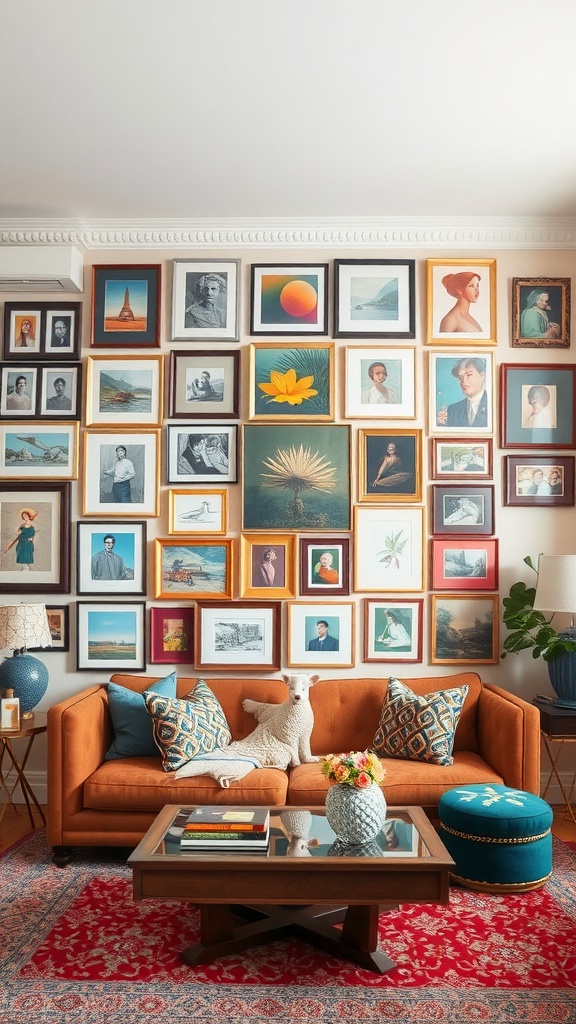 A cozy living room with an eclectic gallery wall display featuring various framed artworks and photographs.