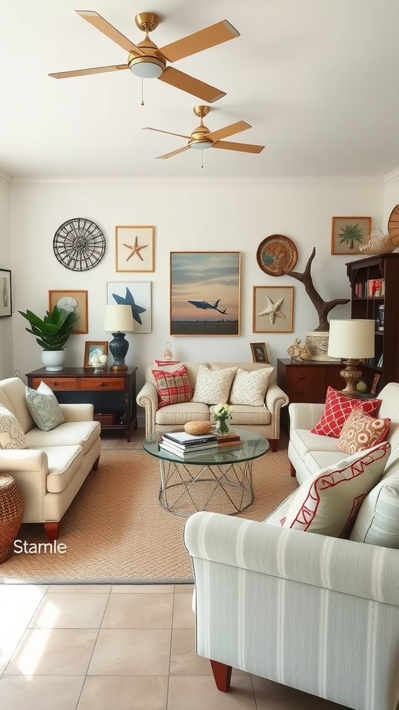 A cozy living room featuring a mix of vintage and modern decor, including light sofas, colorful pillows, nautical wall art, and wooden furniture.