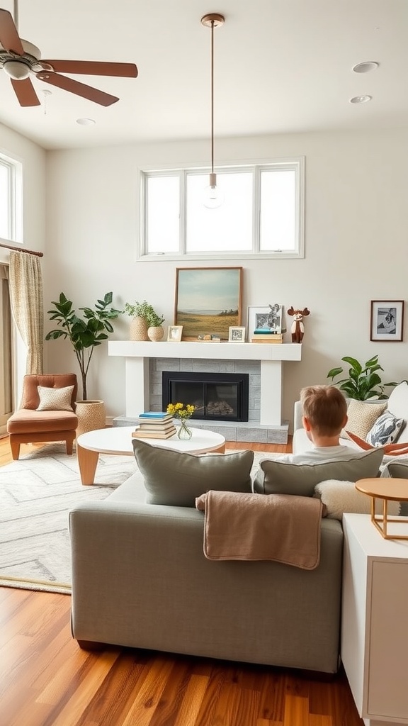 A cozy beach house living room with a comfortable sofa, coffee table, and plants, designed for family-friendly use.