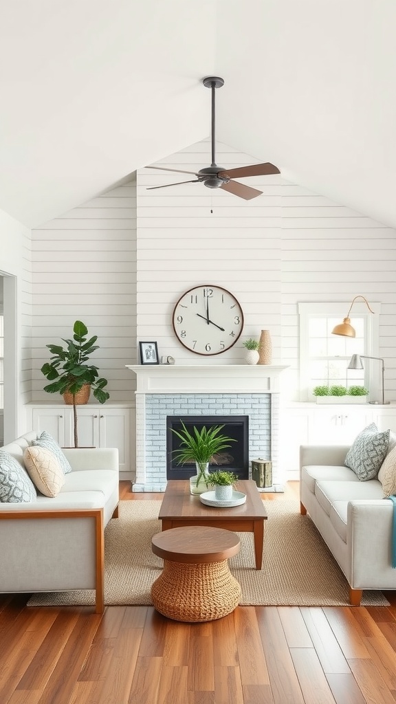 A bright living room featuring shiplap walls, modern furniture, and a cozy atmosphere.