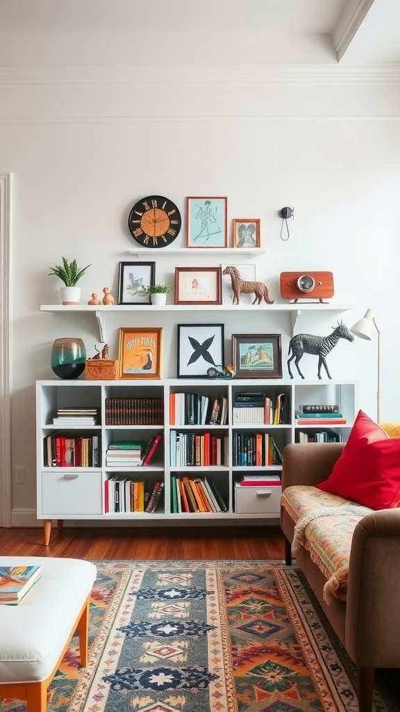 A colorful living room shelf with books, decorative items, and framed pictures.