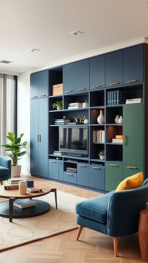 A stylish living room with blue and green storage solutions, featuring a mix of cabinets and open shelves.
