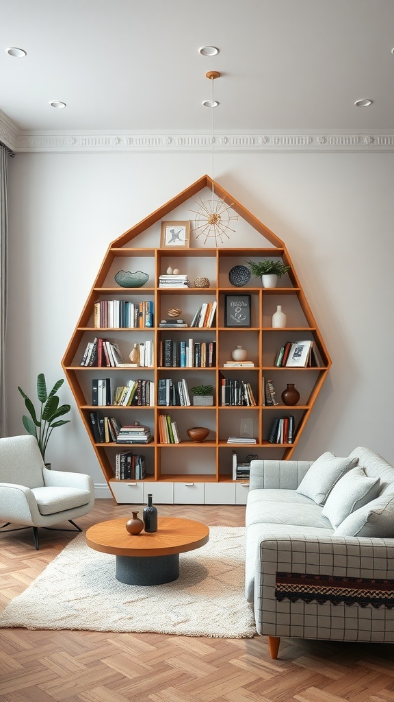 A geometric bookshelf in the shape of a house, filled with books and decorative items, set in a stylish living room with modern furniture.