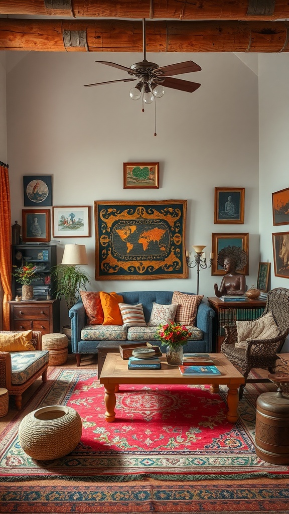 A cozy living room featuring a world map wall hanging, cultural artifacts, and a vibrant red rug.