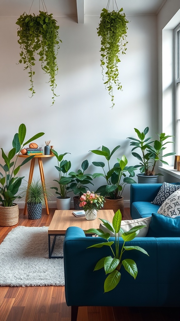 A stylish living room featuring a blue sofa, wooden coffee table, and various green plants in pots, including hanging plants from the ceiling.