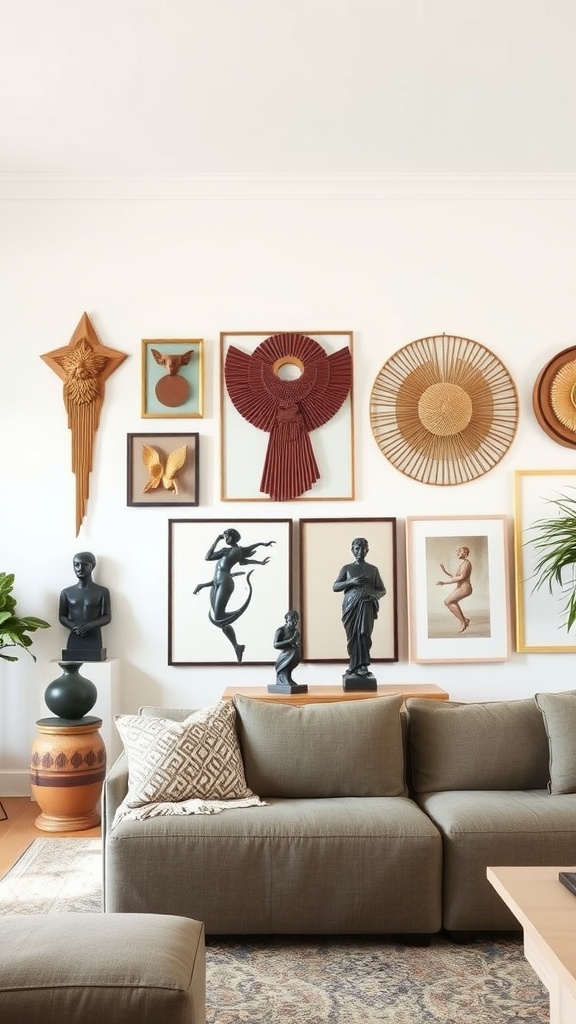 A stylish gallery wall in a living room featuring a mix of framed art and 3D sculptures.