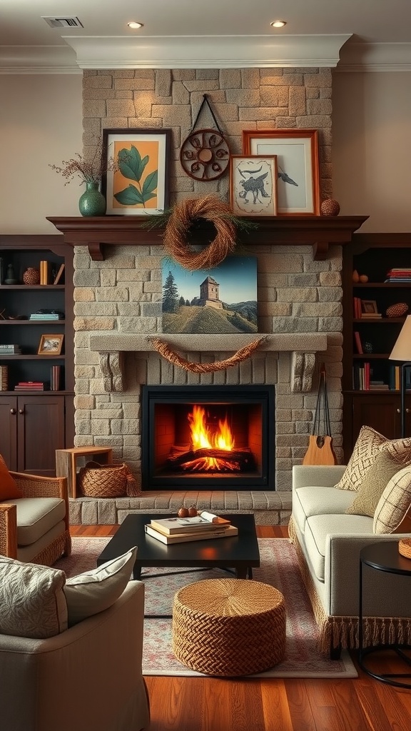 Cozy living room featuring a stone fireplace with a warm fire, decorated mantle, and comfortable seating.