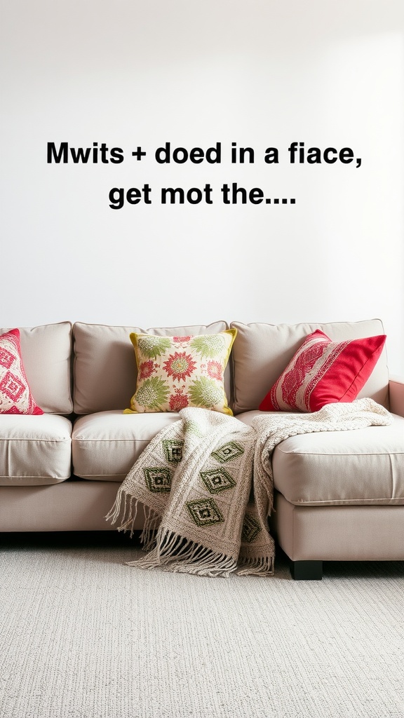 L-shaped sofa with colorful accent pillows and a knitted throw