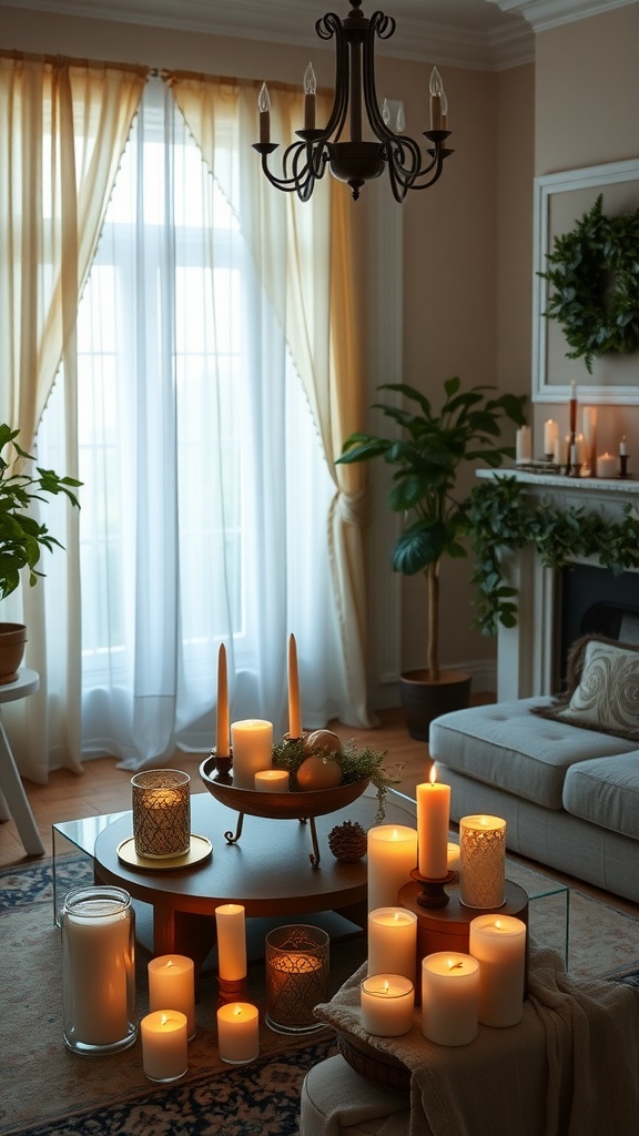 A cozy living room with various candles arranged on a coffee table, creating a warm glow.