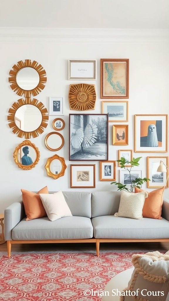 Gallery wall featuring mirrors and framed artworks in a living room setting.