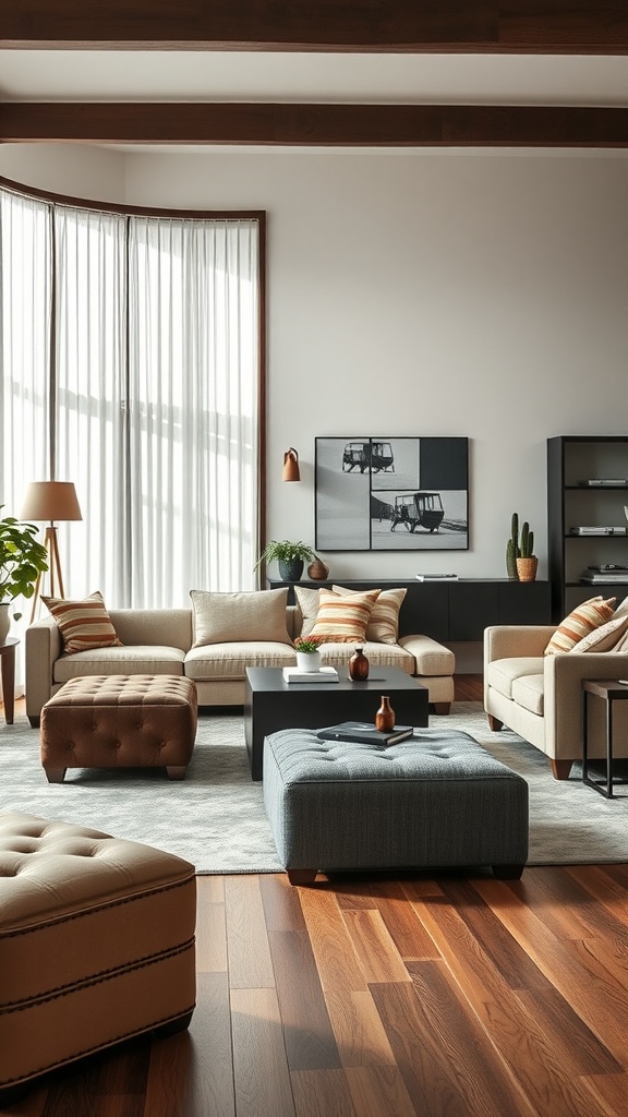 A spacious living room featuring a sectional sofa, ottomans, a coffee table, and plants, showcasing multi-functional furniture.