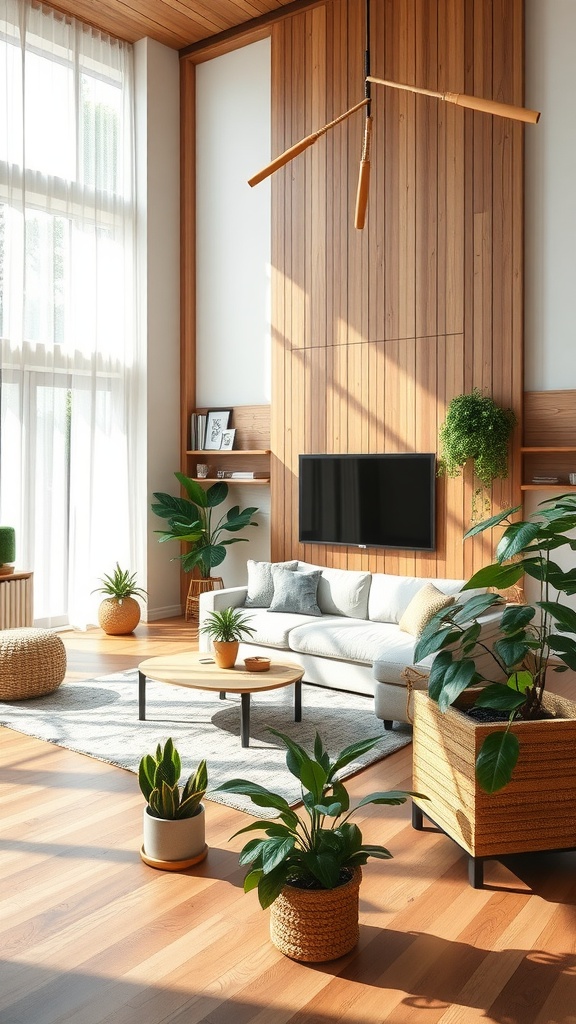 A spacious living room with large windows, wooden accents, and various indoor plants.