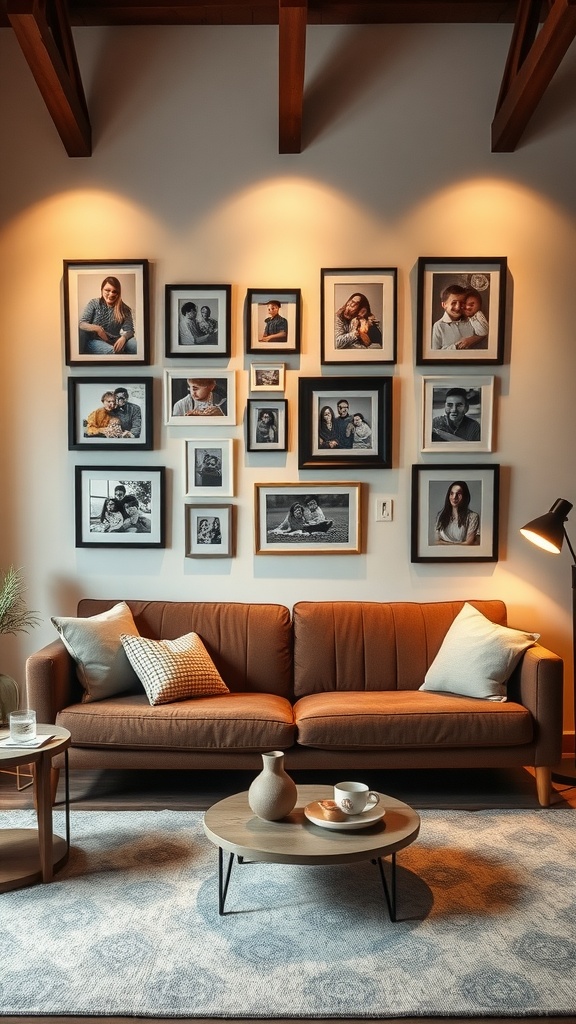 A cozy living room featuring a gallery wall filled with framed personal photographs, a brown couch, and a coffee table.