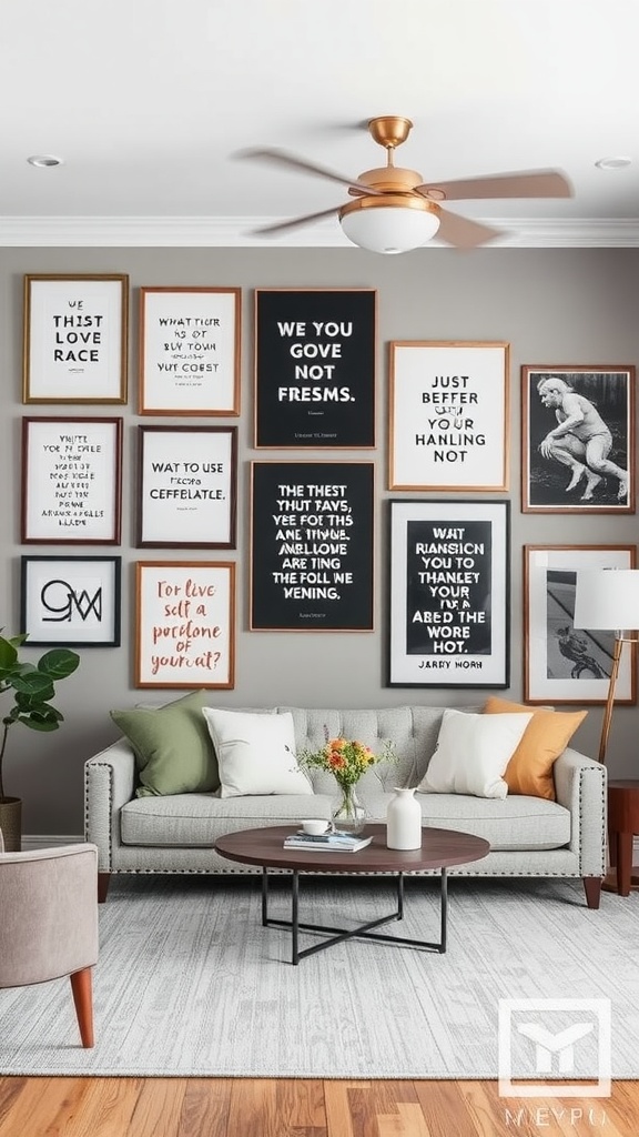 A stylish living room with a gallery wall featuring various framed quotes and typography.