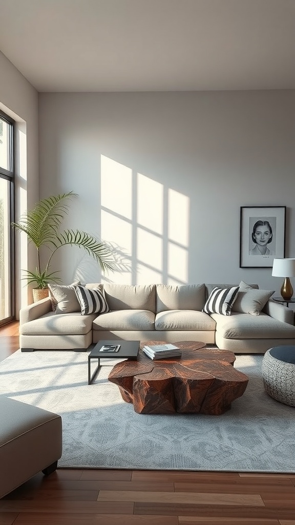 A spacious living room featuring a large sectional sofa, a unique wooden coffee table, and a potted plant.