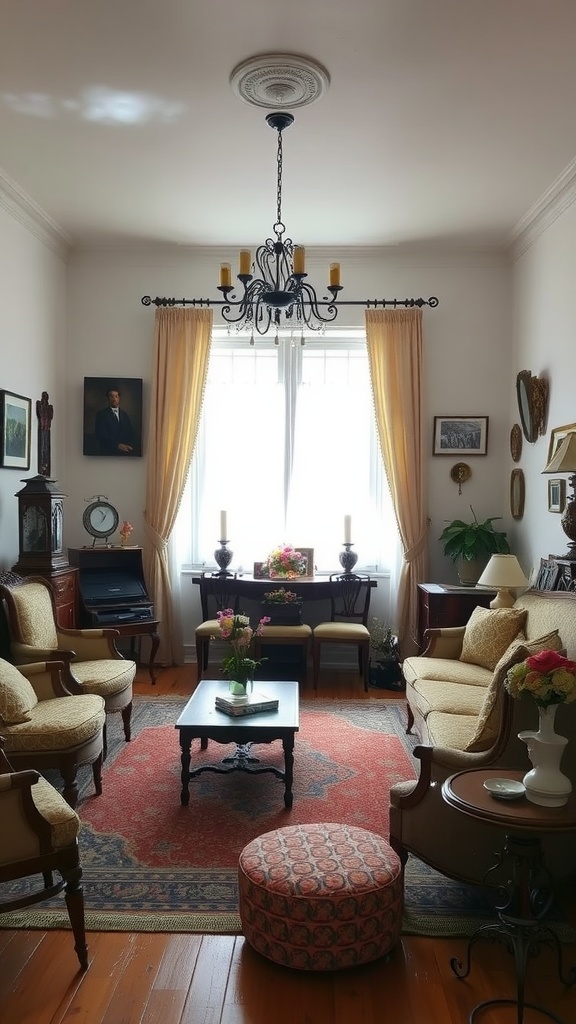 A cozy vintage living room with elegant furniture, warm lighting, and charming decor.