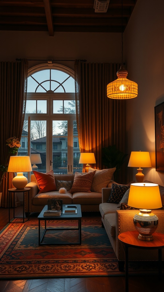 Cozy living room with warm lighting fixtures, featuring a pendant light and multiple lamps, creating a welcoming atmosphere.