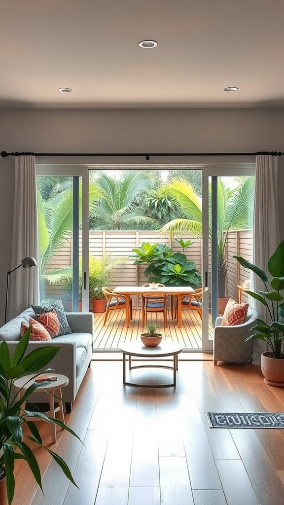 A beach house living room with sliding doors leading to a deck surrounded by greenery.