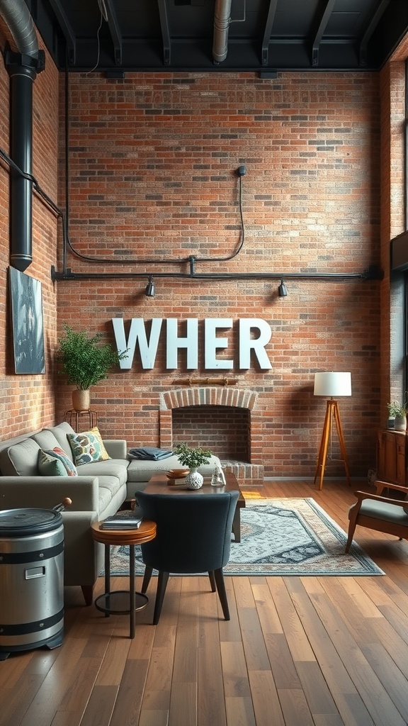 A stylish living room featuring exposed brick walls, modern furniture, and decorative elements.