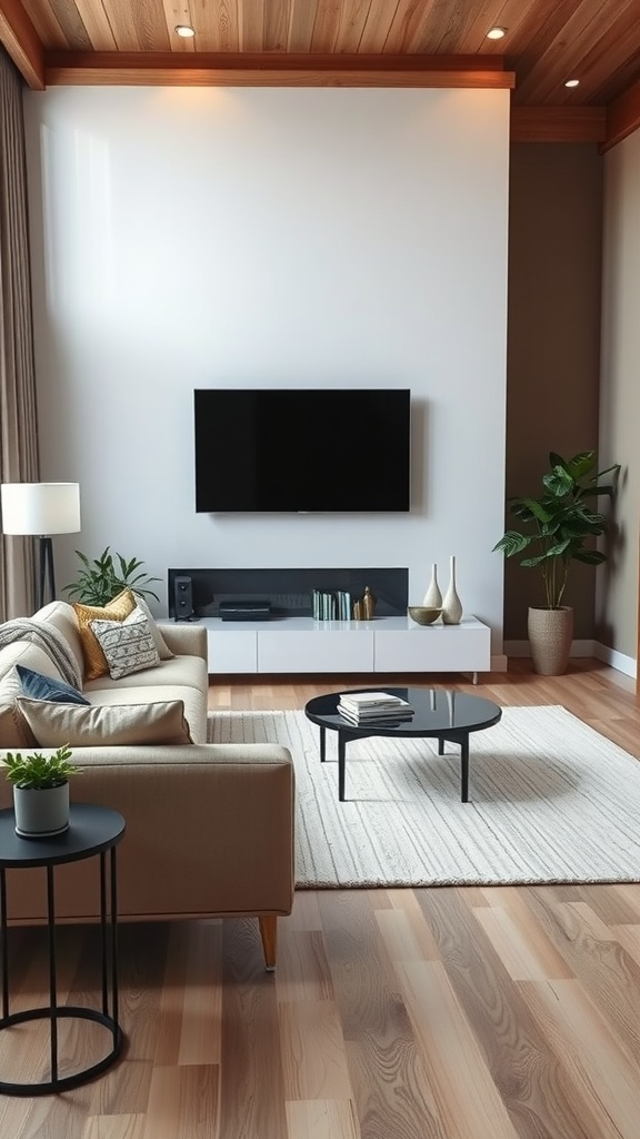 A modern living room featuring a mounted TV, cozy sofa, coffee table, and plants.