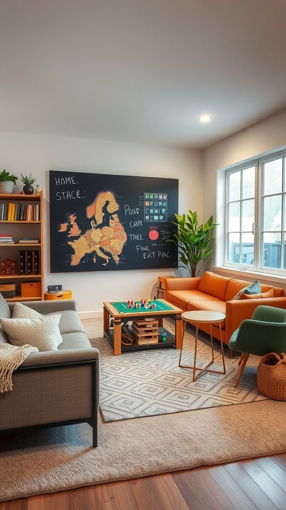 A cozy living room featuring a chalkboard wall, a game table, and bright plants.