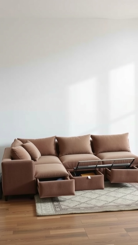 L shape sofa with built-in storage compartments in a cozy living room setting