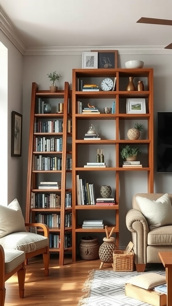 A cozy living room featuring two wooden ladder shelves, one filled with books and the other with decorative items.