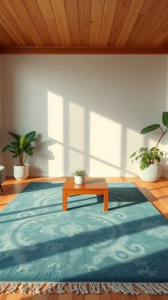 A cozy living room featuring a blue rug, wooden table, and plants, showcasing a layered rug style.