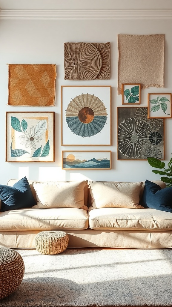 A cozy living room with a gallery wall featuring woven art and framed pictures, complemented by a soft couch and decorative pillows.