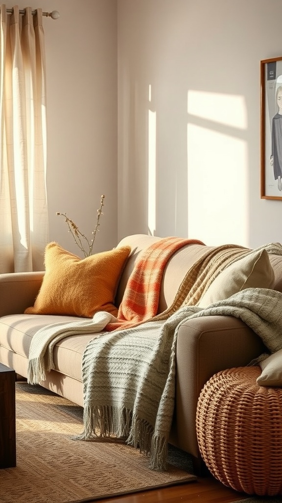 A cozy living room with a sofa layered with plush throws and cushions, featuring warm colors and natural light.