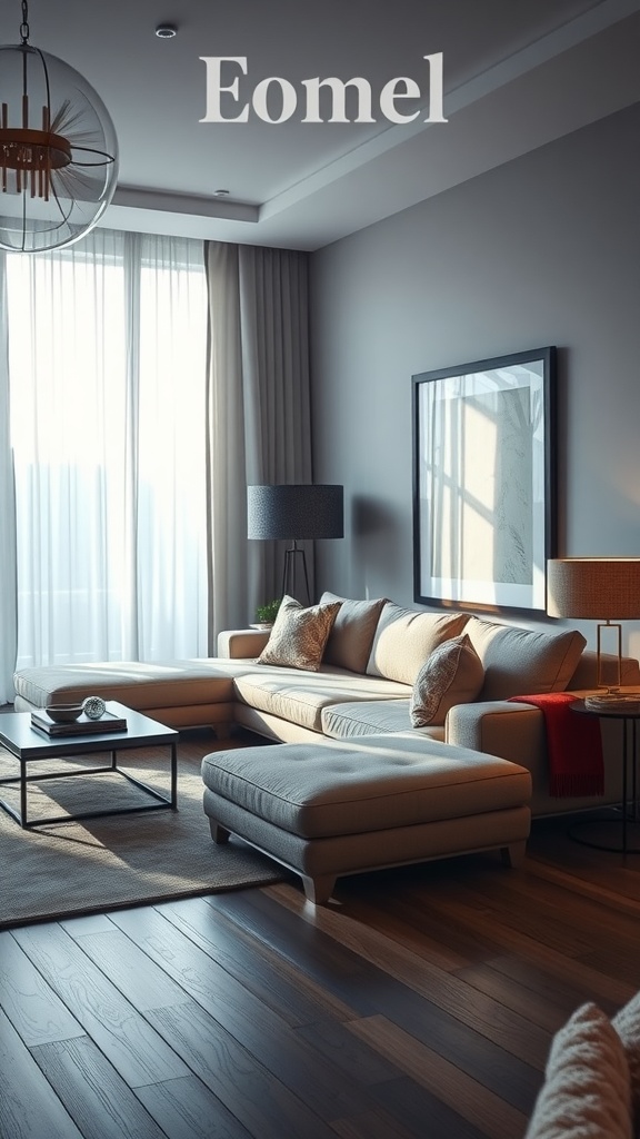 A stylish living room featuring an L shape sofa, floor lamp, and natural light from large windows.