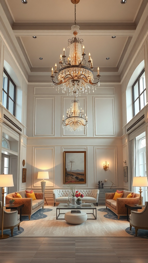 Elegant large living room with chandeliers and natural light