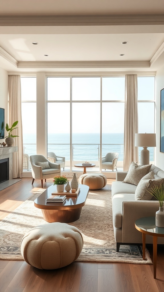 A luxurious beach house living room featuring plush textiles, large windows, and ocean views.