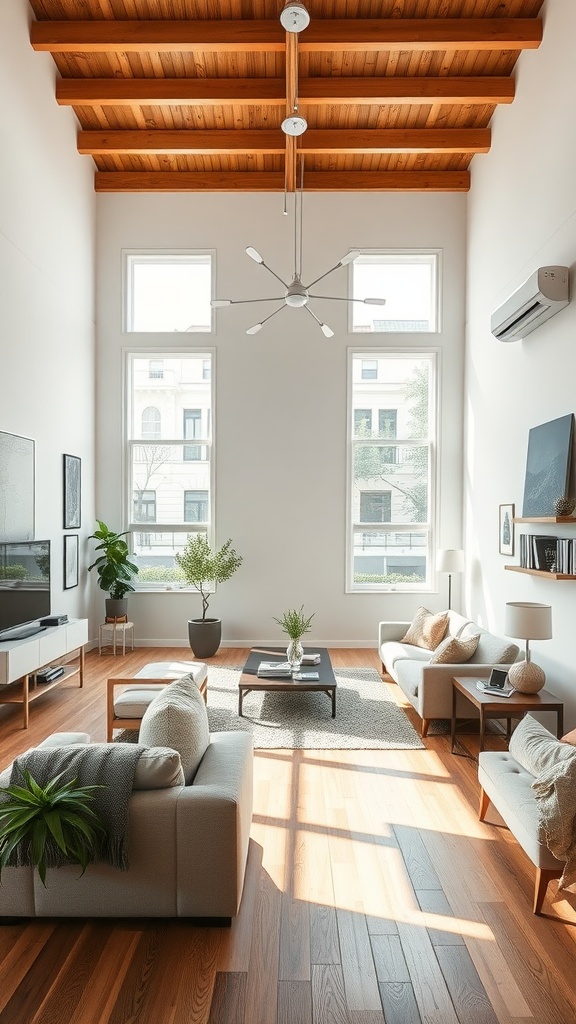 A spacious living room with high ceilings, large windows, and modern furniture, featuring plants and a cozy atmosphere.
