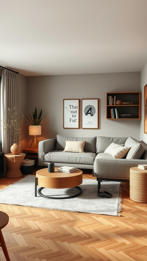Cozy living room with an L shape sofa, wooden floors, and warm lighting.