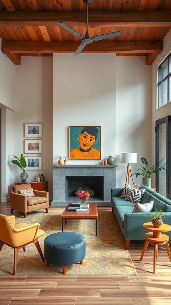 A mid-century modern living room featuring a teal sofa, mustard yellow chair, and colorful artwork.