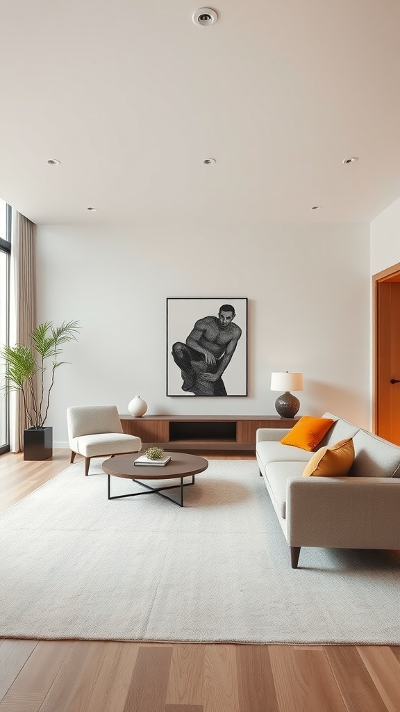 A minimalist living room featuring light furniture, a bold black-and-white artwork, and bright orange cushions.