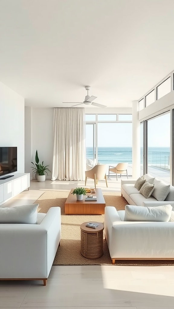 A minimalist beach house living room with white sofas, large windows, and ocean view.