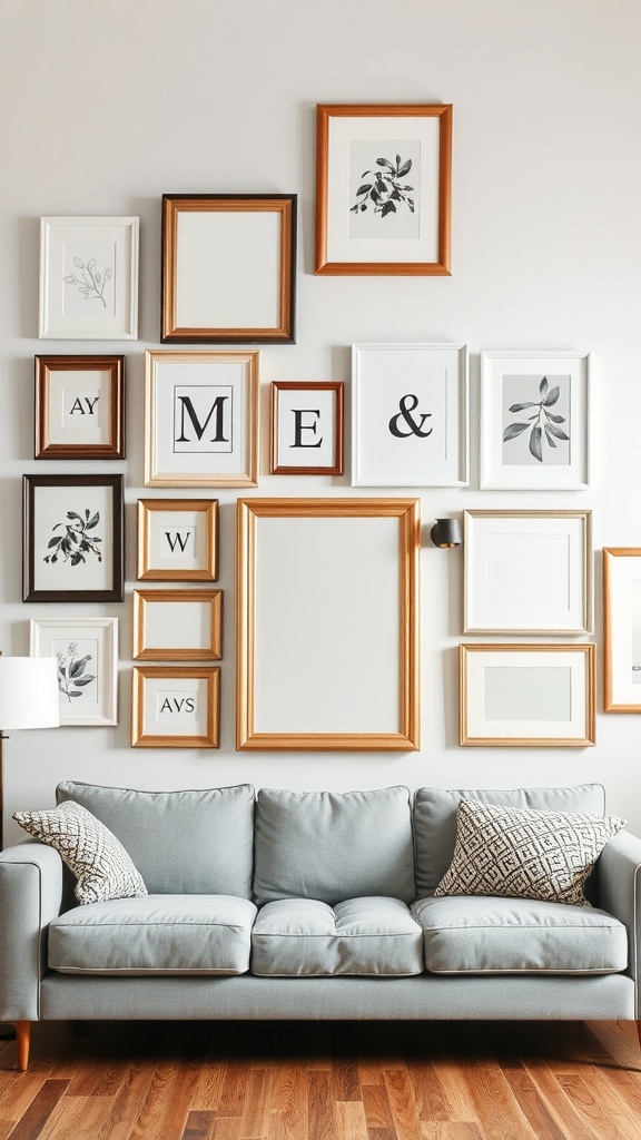 A gallery wall with various frame styles and a light blue couch in a living room