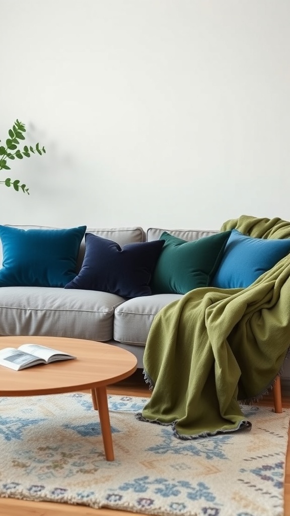 A cozy living room featuring a grey sofa with blue and green cushions, a green throw blanket, a wooden coffee table, and a patterned rug.