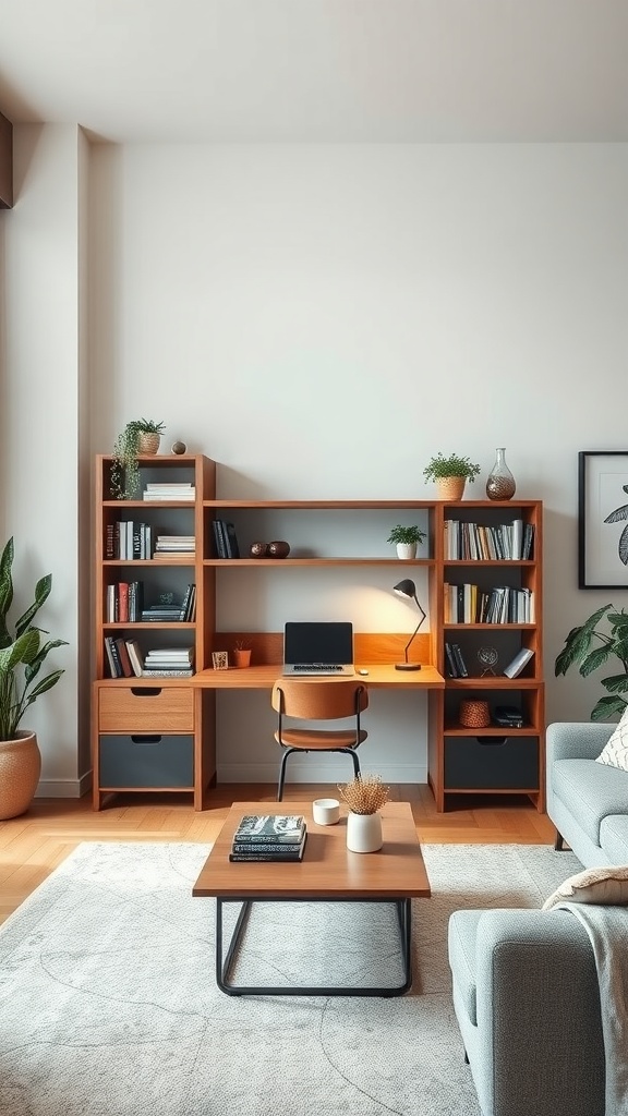A multifunctional bookshelf with a desk in a living room, featuring open shelves, closed drawers, a laptop, and a cozy chair.