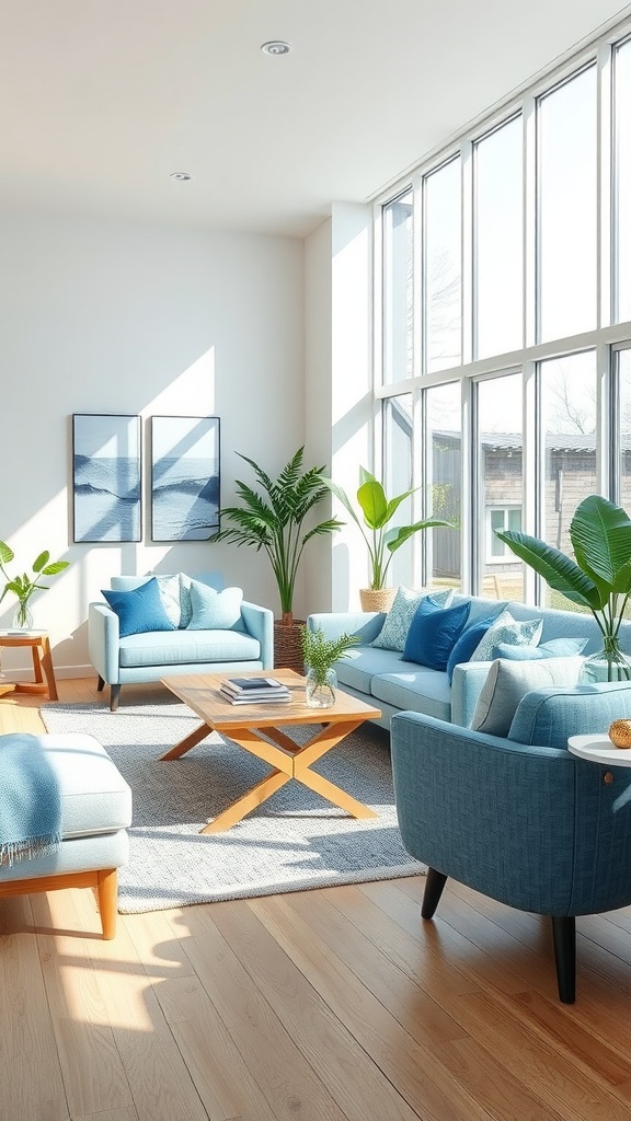 Bright living room with blue and green furniture, large windows, and plants