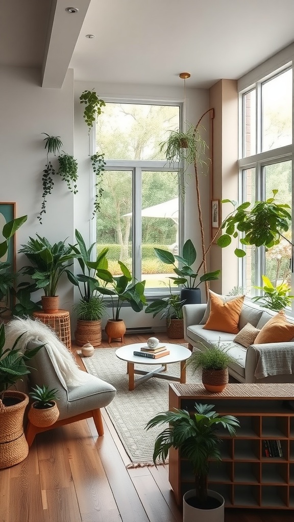 A cozy living room filled with various indoor plants, featuring large windows and comfortable seating.