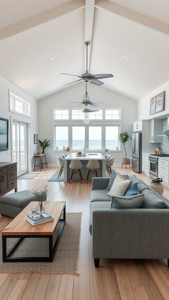 Open concept living room and kitchen in a beach house with large windows and modern decor.