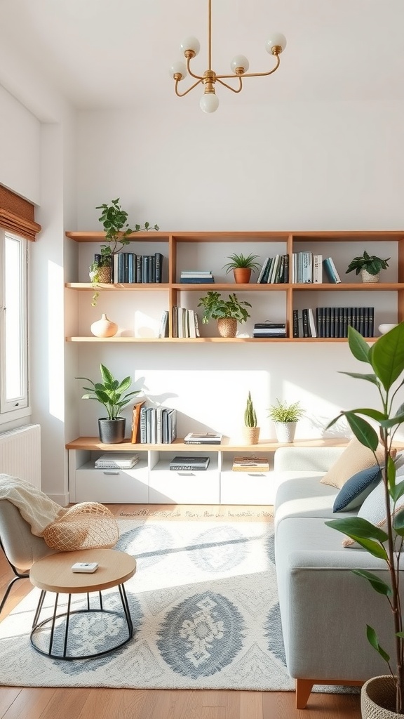 A cozy living room featuring open shelving with books and plants, a light-colored couch, and a stylish rug.