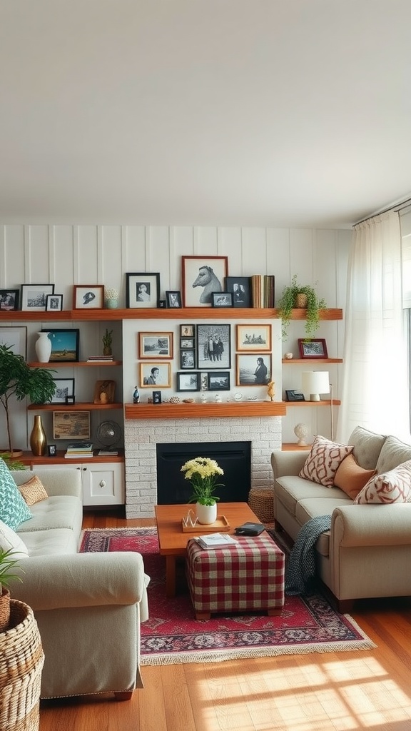 A cozy living room with personalized decor, featuring framed photos on shelves, soft sofas, and plants.