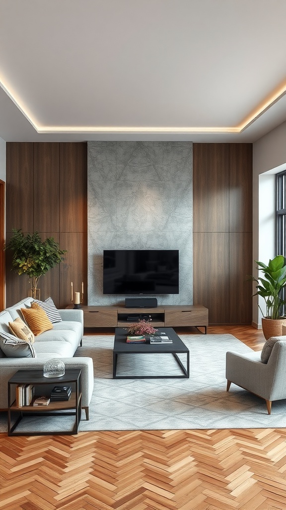 A spacious living room with modern furniture, a large TV, and plants.