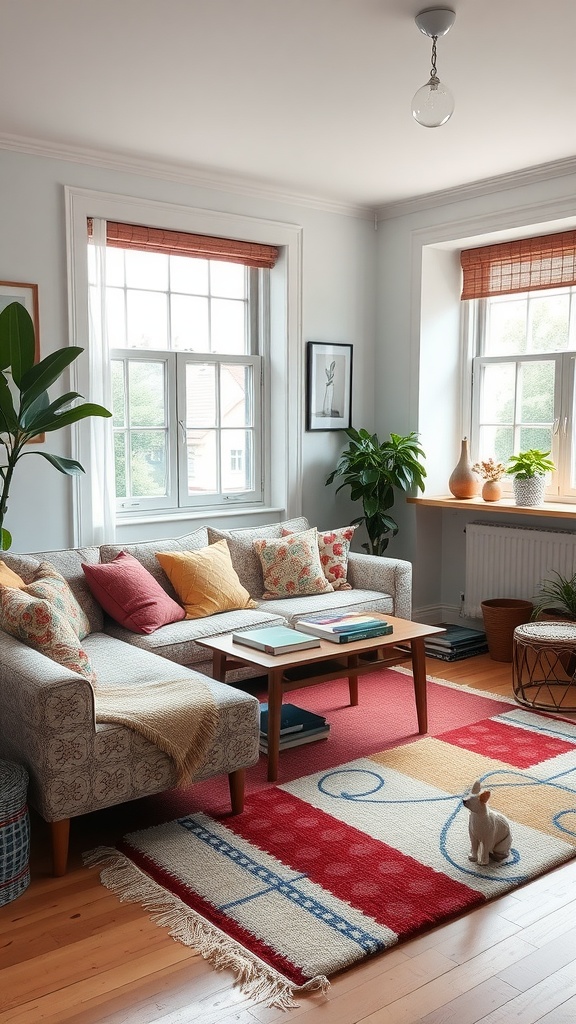 A cozy living room with a patterned sofa, colorful cushions, a bold rug, and plants.